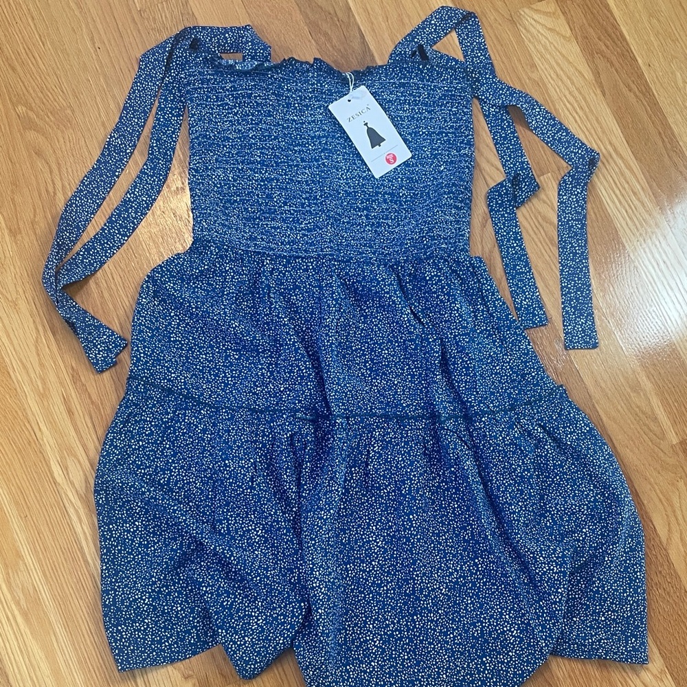 NWT New with Tags Zesica Blue and White Pattern Tie Shoulder Strap Dress